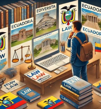 Estudiante revisando opciones de universidades para estudiar derecho en Ecuador en una computadora.