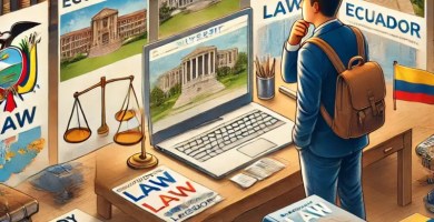 Estudiante revisando opciones de universidades para estudiar derecho en Ecuador en una computadora.