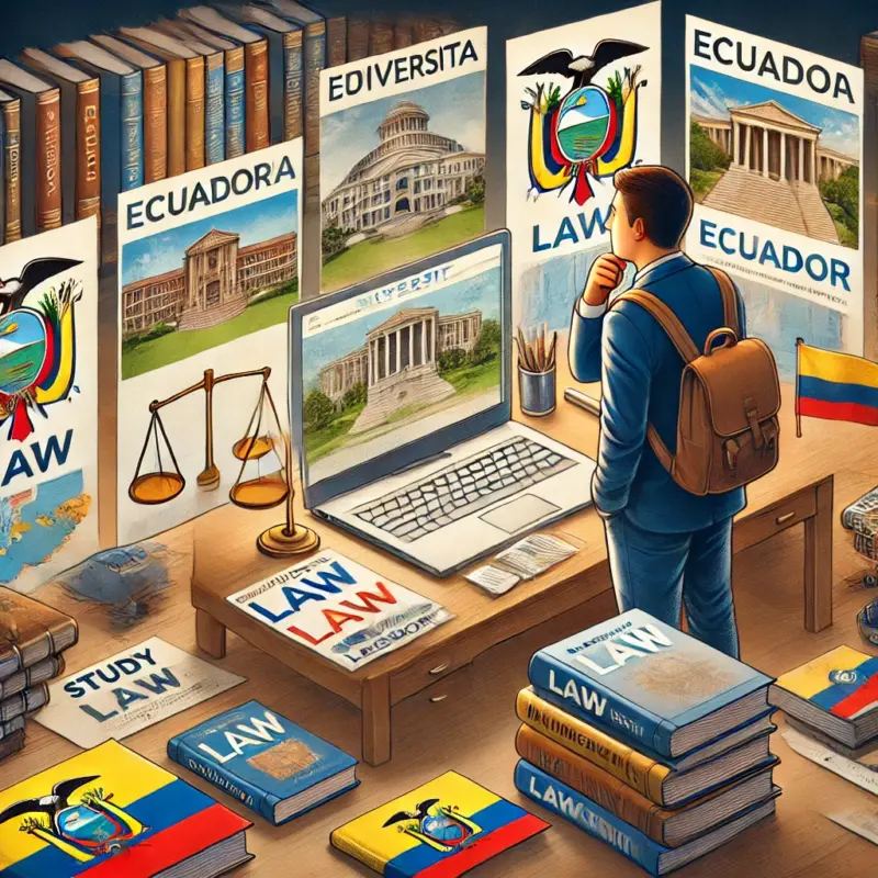 Estudiante revisando opciones de universidades para estudiar derecho en Ecuador en una computadora.