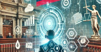 Abogado ecuatoriano utilizando tecnología digital avanzada en su práctica legal.