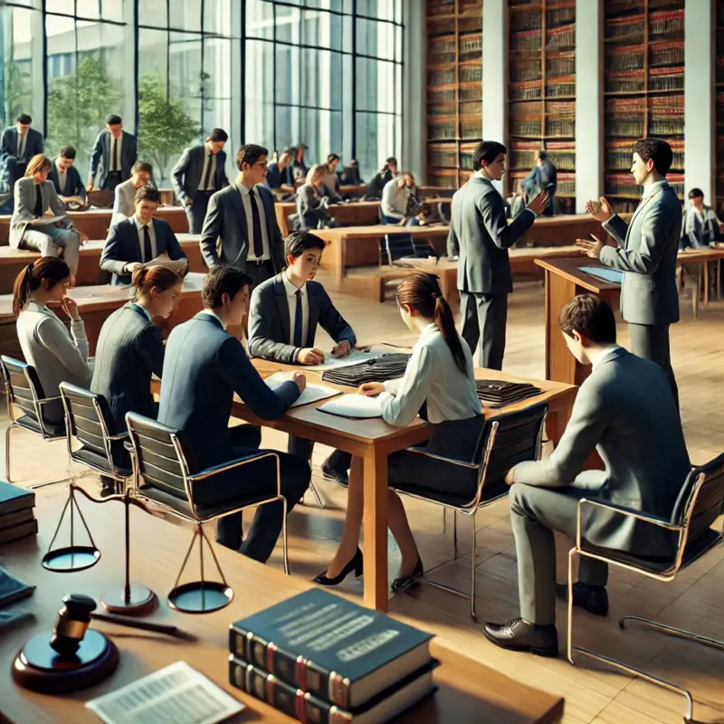 Estudiantes de derecho participando en un taller pr&aacute;ctico en la Universidad de Guayaquil.