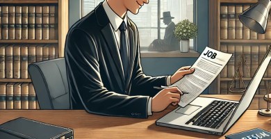 Abogado recién graduado en su primera entrevista de trabajo en una firma de abogados.