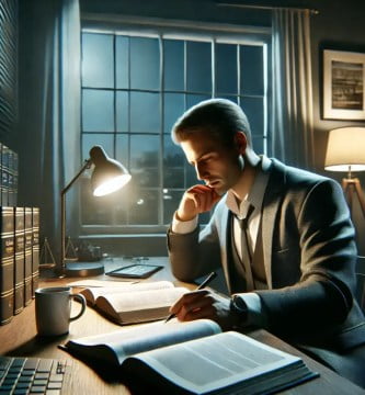 Adulto trabajador estudiando derecho en su casa durante la noche.