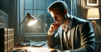 Adulto trabajador estudiando derecho en su casa durante la noche.