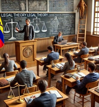 Estudiantes de derecho participando en una clase sobre teoría jurídica en una universidad ecuatoriana.
