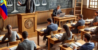 Estudiantes de derecho participando en una clase sobre teoría jurídica en una universidad ecuatoriana.