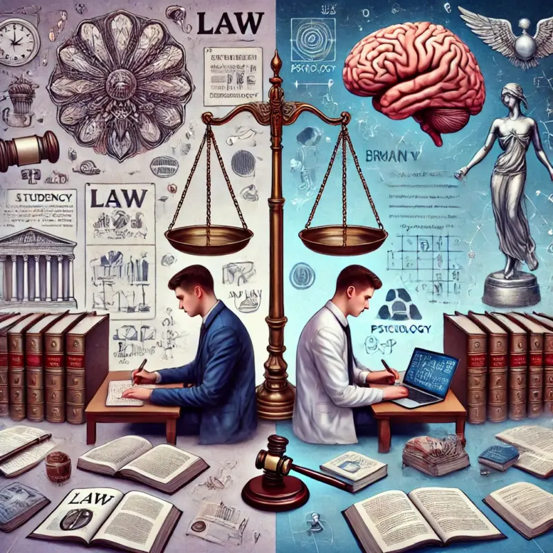 Estudiante comparando libros de derecho y psicología en una biblioteca.