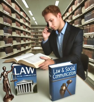 Estudiante comparando libros de derecho y comunicación social en una biblioteca.