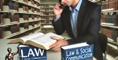 Estudiante comparando libros de derecho y comunicación social en una biblioteca.
