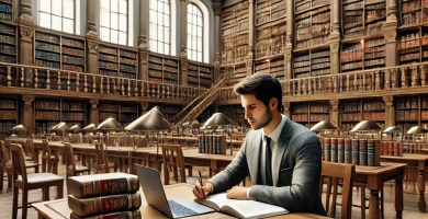 Estudiante de derecho revisando textos legales en la biblioteca.