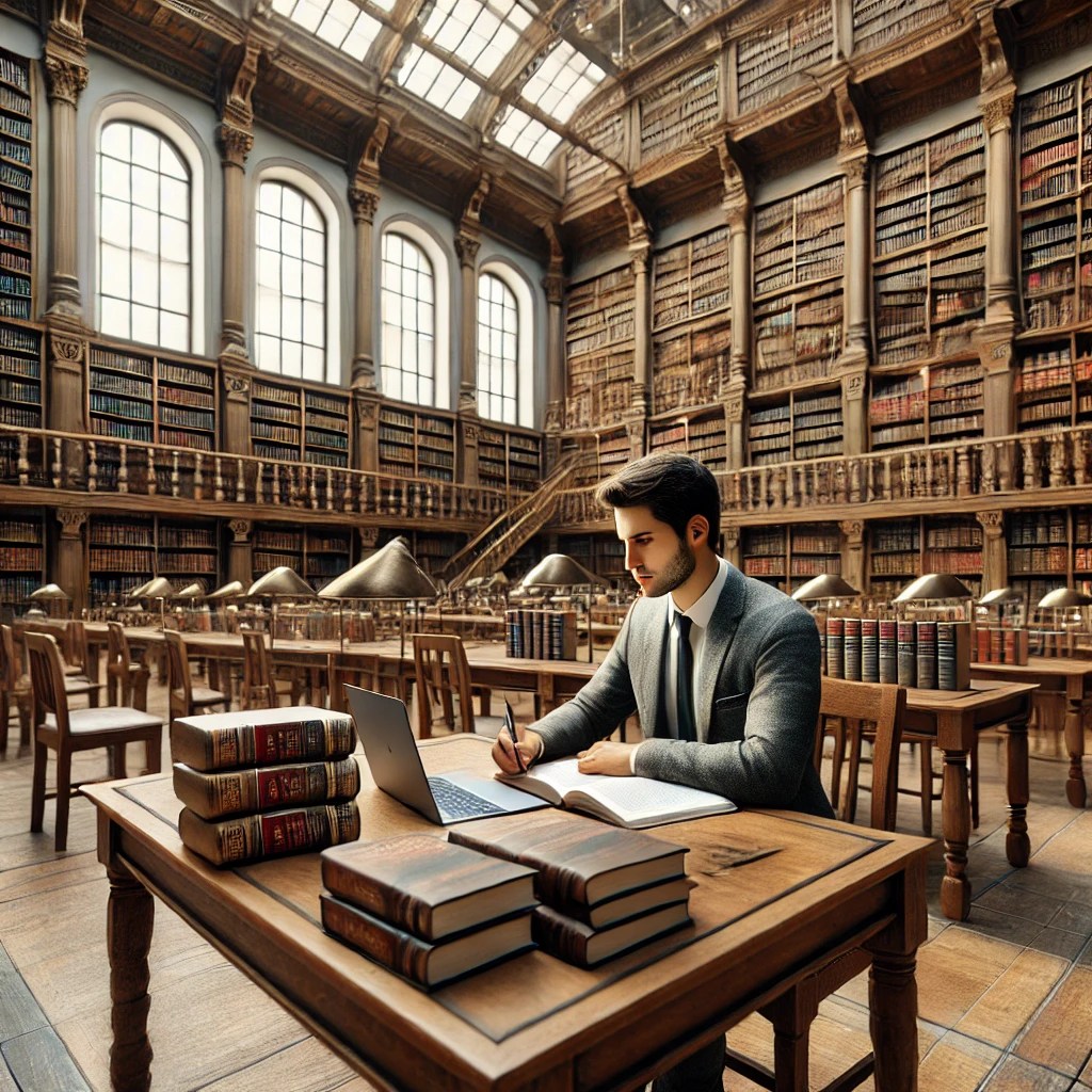 Estudiante de derecho revisando textos legales en la biblioteca.
