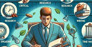 Estudiante de derecho trabajando en la biblioteca, desarrollando habilidades clave para su carrera.