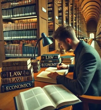 Estudiante comparando libros de derecho y contabilidad en una biblioteca.