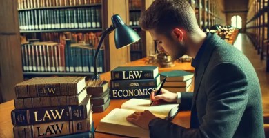 Estudiante comparando libros de derecho y contabilidad en una biblioteca.