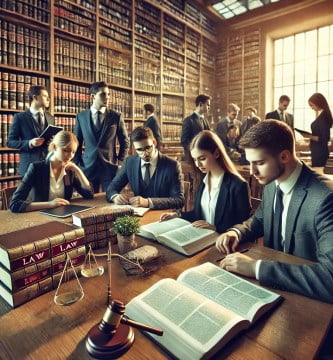 Estudiantes de derecho consultando material académico en una biblioteca universitaria.