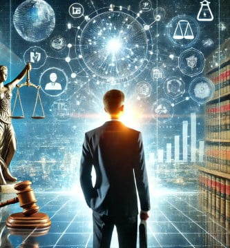 Abogado utilizando herramientas tecnológicas avanzadas en su práctica legal.