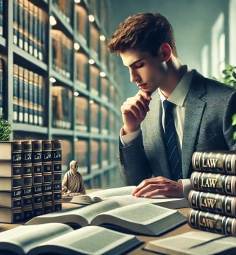 Estudiante comparando libros de derecho y contabilidad en una biblioteca.