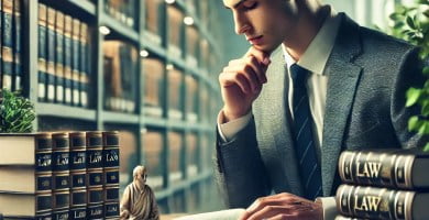 Estudiante comparando libros de derecho y contabilidad en una biblioteca.