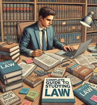Estudiante de derecho revisando material de estudio en una biblioteca.