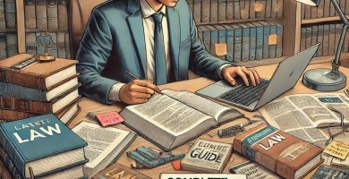 Estudiante de derecho revisando material de estudio en una biblioteca.