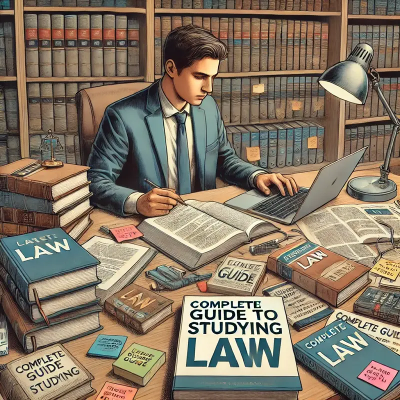 Estudiante de derecho revisando material de estudio en una biblioteca.