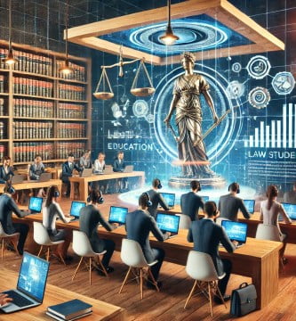 Estudiantes de derecho participando en una simulación de juicio utilizando tecnologías avanzadas.