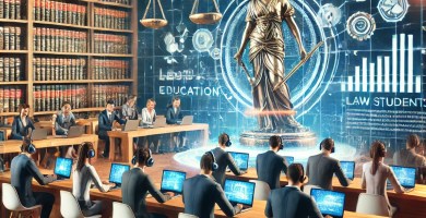 Estudiantes de derecho participando en una simulación de juicio utilizando tecnologías avanzadas.