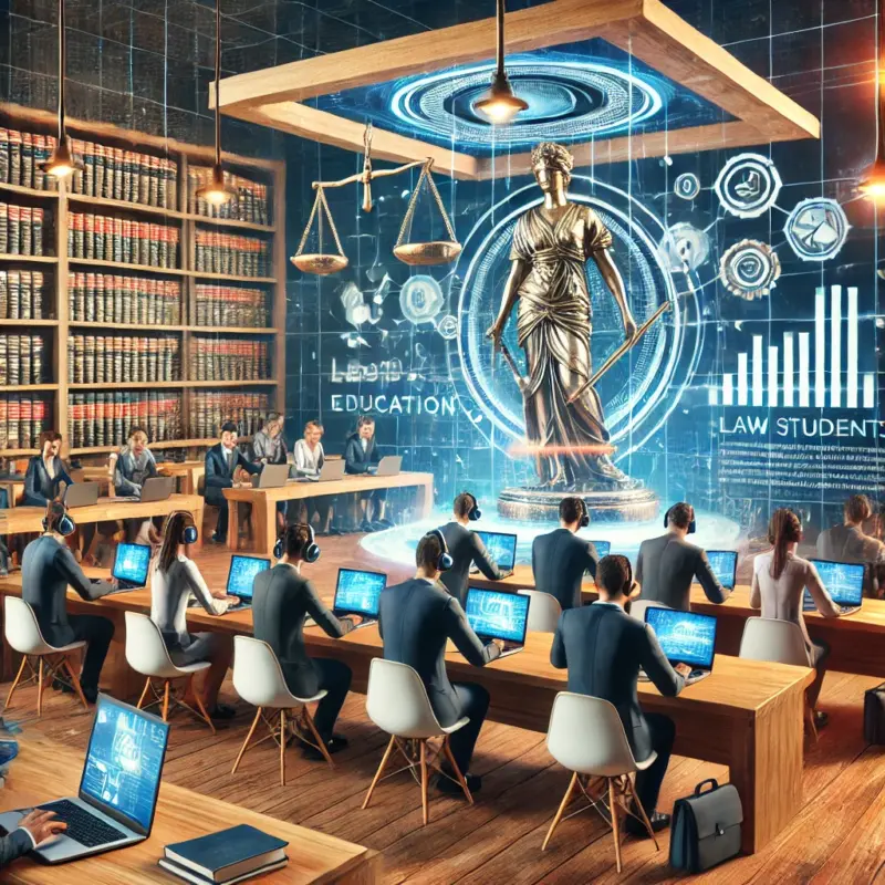 Estudiantes de derecho participando en una simulaci&oacute;n de juicio utilizando tecnolog&iacute;as avanzadas.