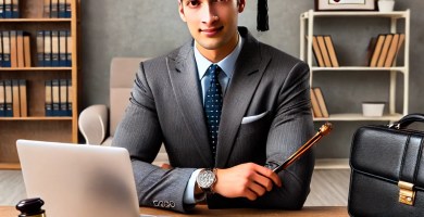 Abogado joven revisando documentos legales mientras inicia su carrera profesional en Ecuador.