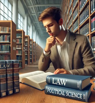 Estudiante comparando libros de derecho y ciencias políticas en la biblioteca.