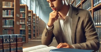 Estudiante comparando libros de derecho y ciencias políticas en la biblioteca.