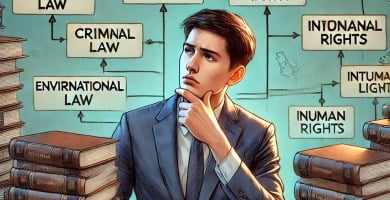 Abogado joven explorando diferentes opciones de especialización en derecho en Ecuador.