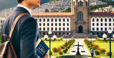 Estudiantes de derecho participando en una clase en la Pontificia Universidad Católica del Ecuador, sede Quito.