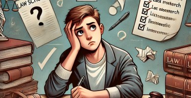 Estudiante reflexionando sobre la decisión de estudiar derecho como carrera profesional.