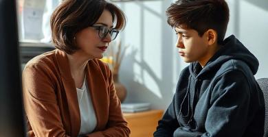 Psicólogo trabajando en una sesión de terapia con un adolescente, ejemplo de intervención clínica.