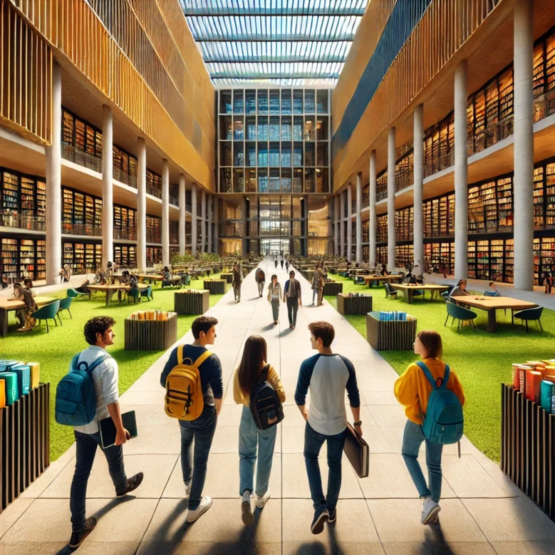 Estudiantes en Ecuador en el campus de una universidad prestigiosa, conversando y estudiando.