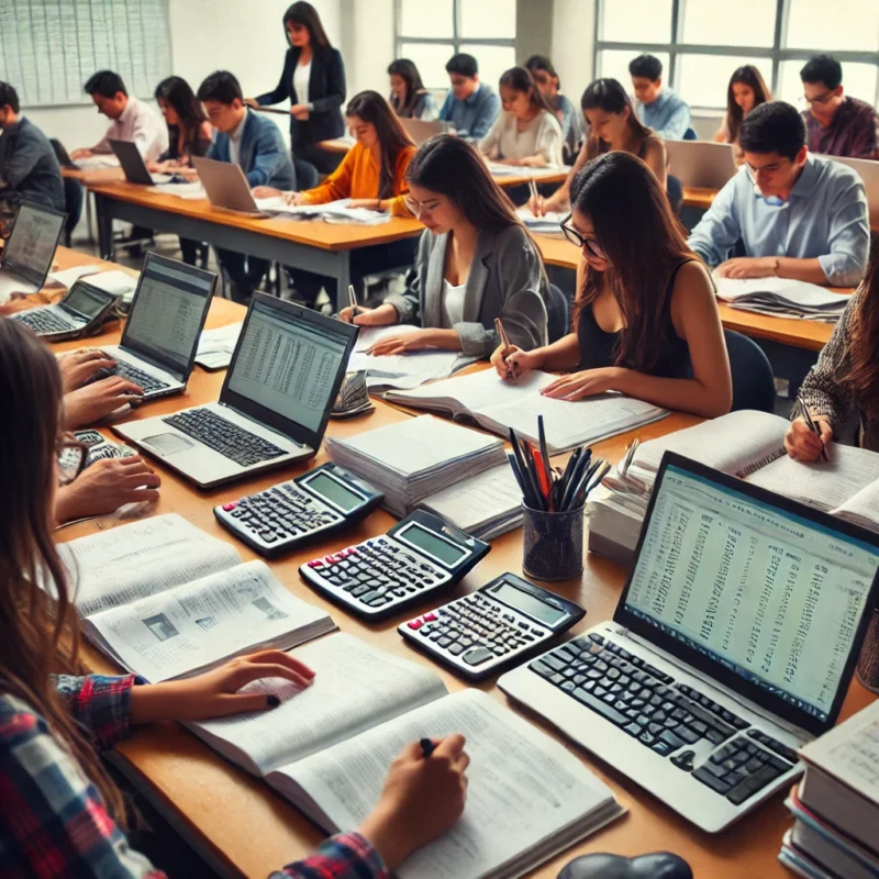 Representa actividades pr&aacute;cticas en un entorno laboral, con profesionales y estudiantes trabajando en oficinas contables, revisando estados financieros, preparando informes contables y utilizando software de contabilidad, en un ambiente din&aacute;mico y profesional.