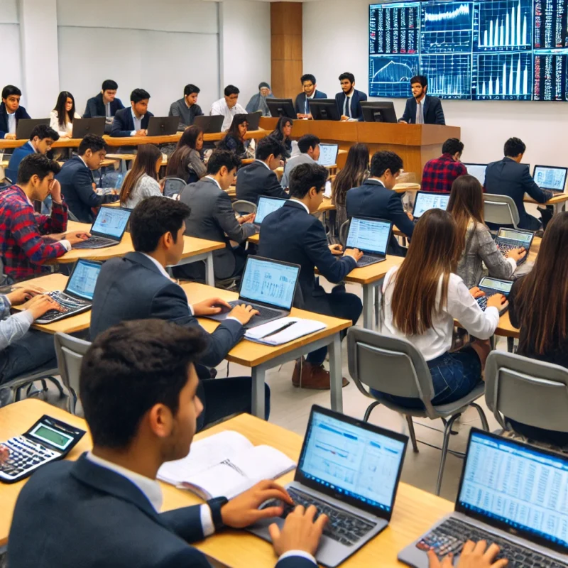 Muestra a estudiantes de Finanzas en un aula universitaria, utilizando calculadoras, computadoras y gr&aacute;ficos financieros, aprendiendo sobre econom&iacute;a, inversi&oacute;n, contabilidad y an&aacute;lisis financiero en un ambiente acad&eacute;mico y profesional.