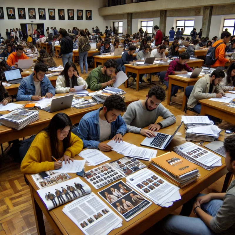 Estudiantes en Ecuador revisando requisitos para la carrera de Publicidad, llenando formularios y consultando con asesores educativos en un entorno académico creativo.