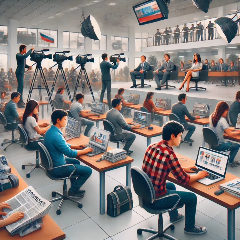 Estudiantes de Comunicación Social y Periodismo en Ecuador, comparando teorías de la comunicación en un aula universitaria con prácticas de periodismo en un estudio de televisión y sala de redacción.