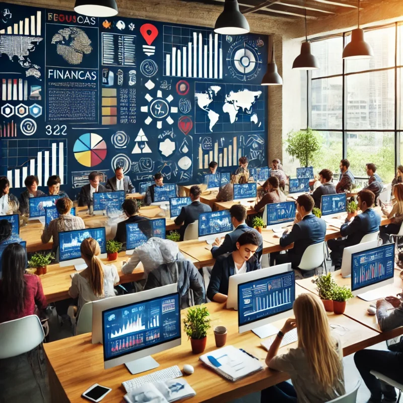 Estudiantes de Administraci&oacute;n de Empresas en Ecuador participando en clases te&oacute;ricas y pr&aacute;cticas, aprendiendo sobre finanzas, gesti&oacute;n empresarial y estrategias comerciales en un entorno acad&eacute;mico y profesional.