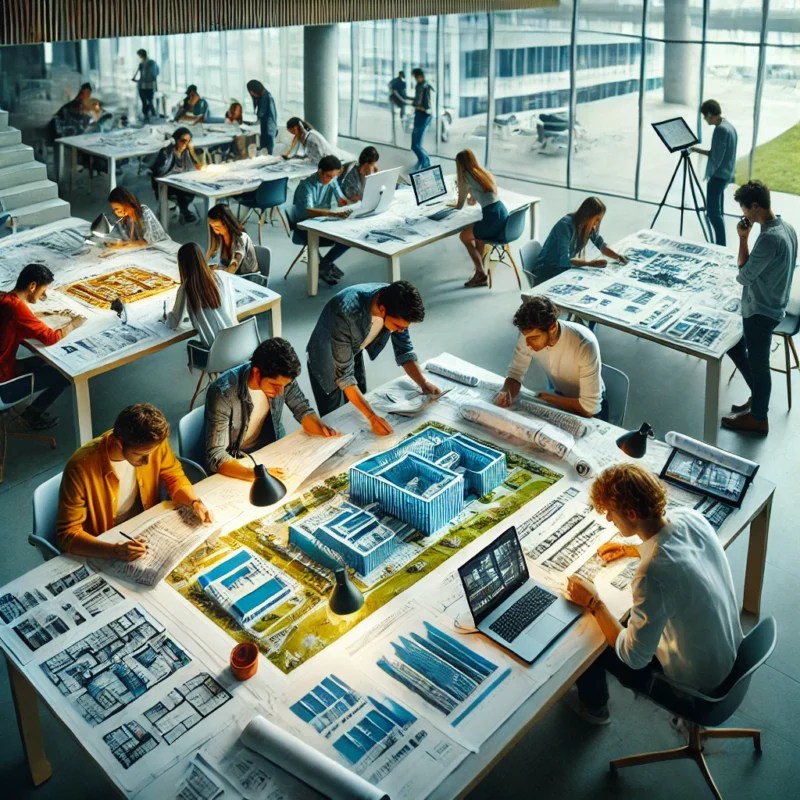 Estudiantes de arquitectura en Ecuador trabajando en proyectos al aire libre en un campus universitario.