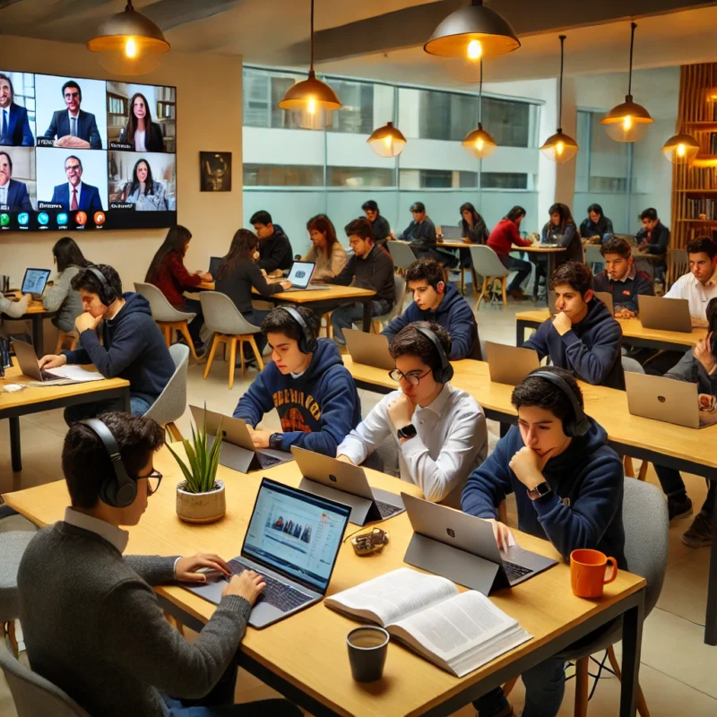 Personas en Ecuador estudiando Administraci&oacute;n de Empresas de manera remota, revisando material en l&iacute;nea, realizando tareas y aprovechando la flexibilidad del aprendizaje a distancia.