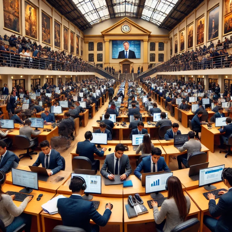 Personas en Ecuador explorando opciones acad&eacute;micas en Administraci&oacute;n de Empresas, asistiendo a ferias universitarias, consultando con asesores y revisando programas educativos en finanzas, gesti&oacute;n empresarial y liderazgo.