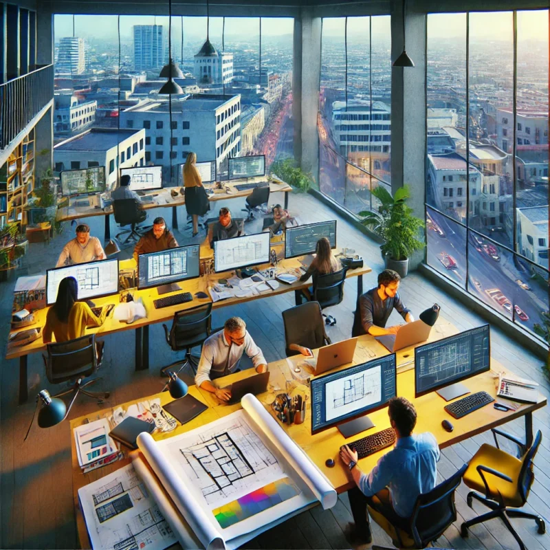 Arquitectos en Ecuador creando un portafolio profesional con planos y maquetas en una oficina de diseño.