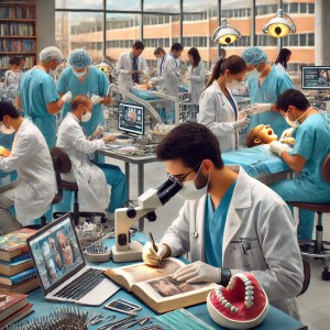Muestra una comparación clara entre un estudiante de medicina en un aula universitaria y un estudiante de odontología en un laboratorio dental, destacando el ambiente académico y profesional de ambas carreras.