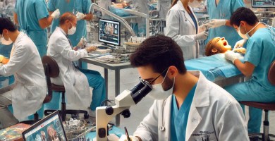 Muestra una comparación clara entre un estudiante de medicina en un aula universitaria y un estudiante de odontología en un laboratorio dental, destacando el ambiente académico y profesional de ambas carreras.
