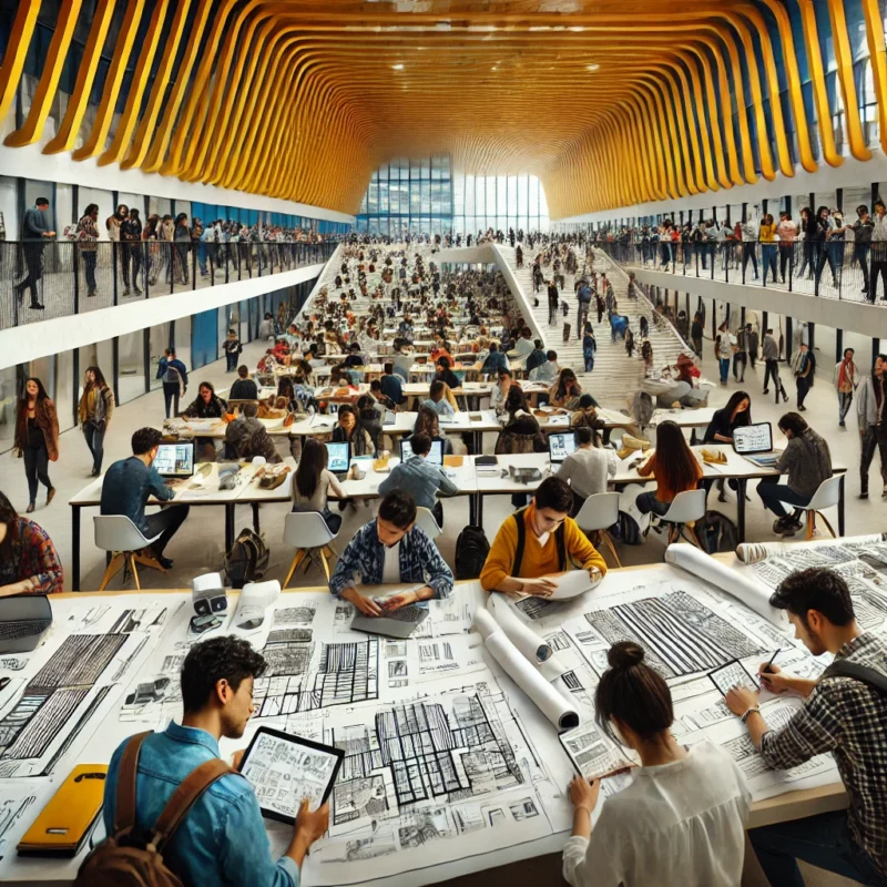 Estudiantes de arquitectura en Ecuador en una clase práctica al aire libre en un campus universitario.