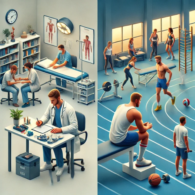 Destaca las oportunidades laborales de ambas especialidades, mostrando a m&eacute;dicos generales en consultas familiares y a m&eacute;dicos deportivos brindando tratamiento y asesor&iacute;a especializada a deportistas en cl&iacute;nicas, hospitales y centros deportivos.