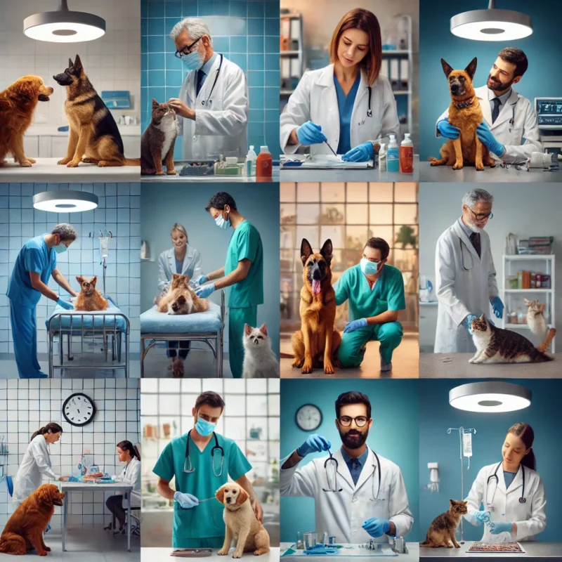 Muestra una comparación visual entre un médico humano realizando consultas médicas con pacientes y un veterinario atendiendo a mascotas en una clínica veterinaria.